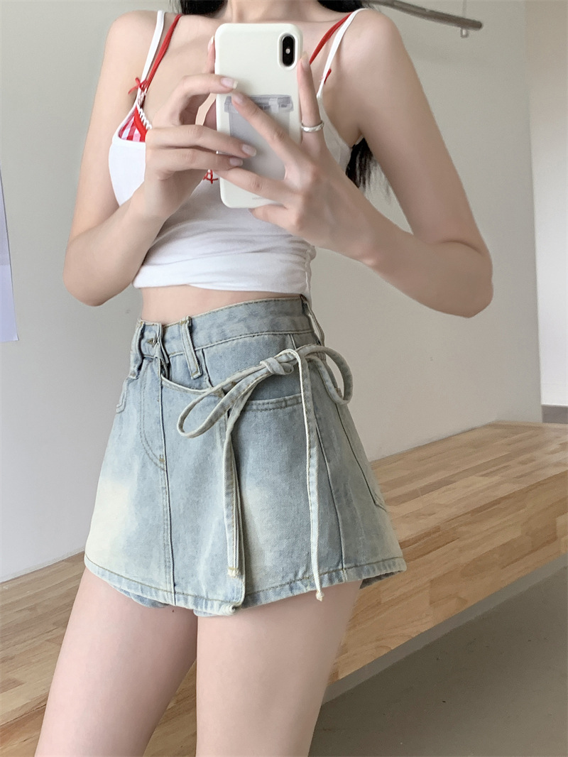 假两件牛仔短裤女夏季A字高腰不规则洋气绑带裙裤小个子辣妹裤子详情5