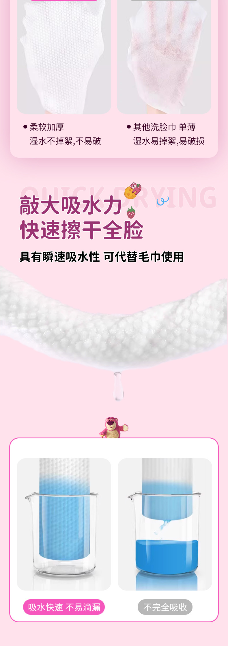 50抽*3包草莓熊洗脸巾抽取式大容量迪尼士一次性洁面巾加厚擦脸巾详情5