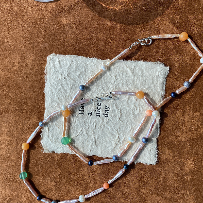 欧美轻奢高级小众设计天然珍珠搭配天然石串珠锁骨链个性精致时尚详情13