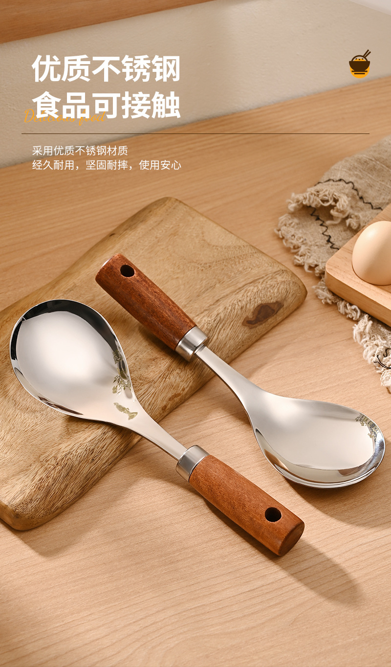 厂家加厚不锈钢饭勺子不粘米饭的饭勺木柄立体家用耐高温套餐勺子详情7