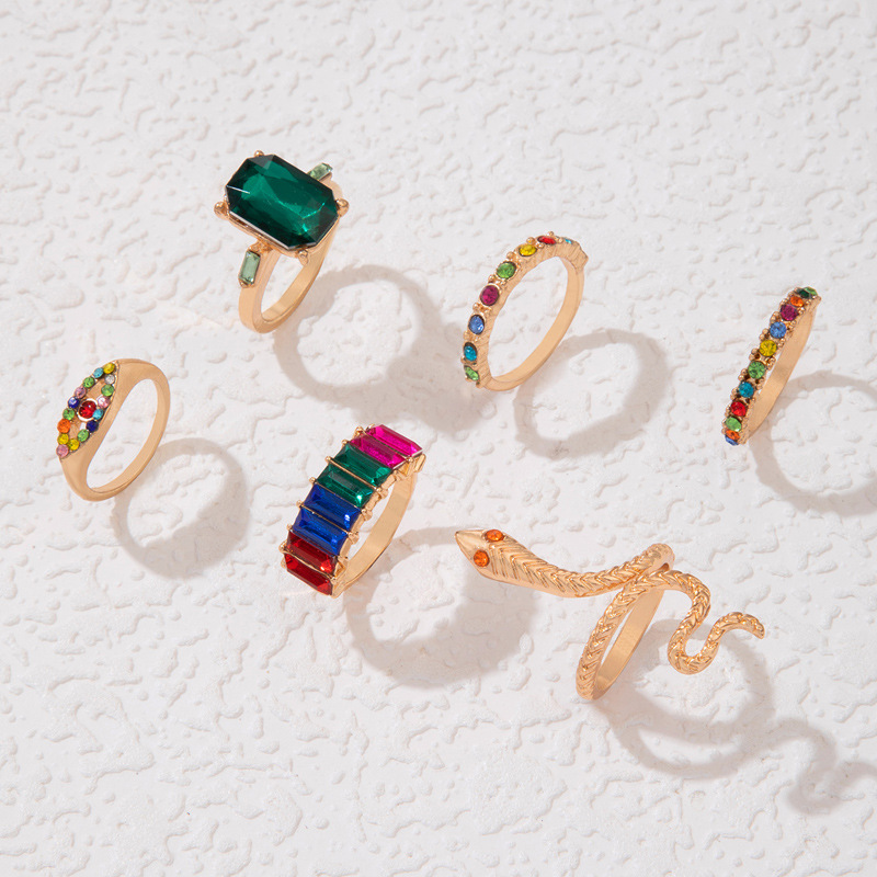 欧美流行饰品戒指手饰 蛇形爱心仿绿宝石镶钻ins风五件套戒指女详情26