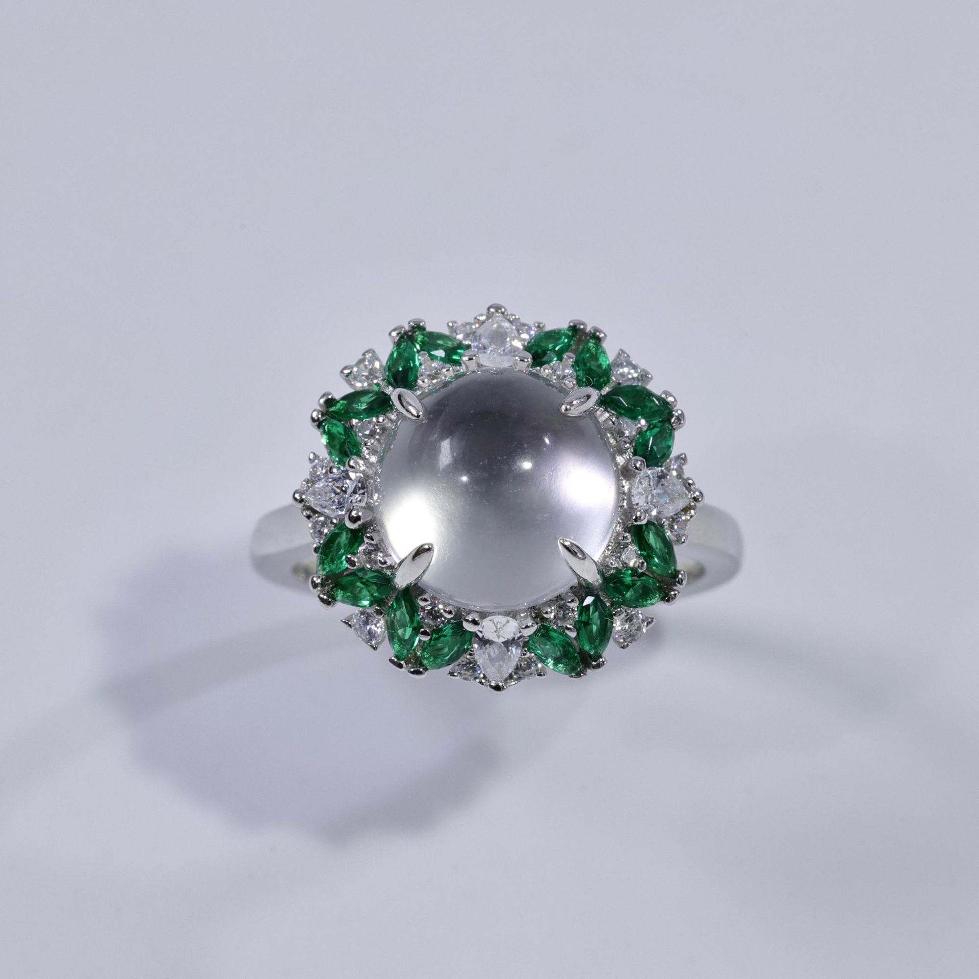 新中式国风蛋面天然水沫玉项链戒指套装S925银祖母绿宝石吊坠饰品礼盒详情11