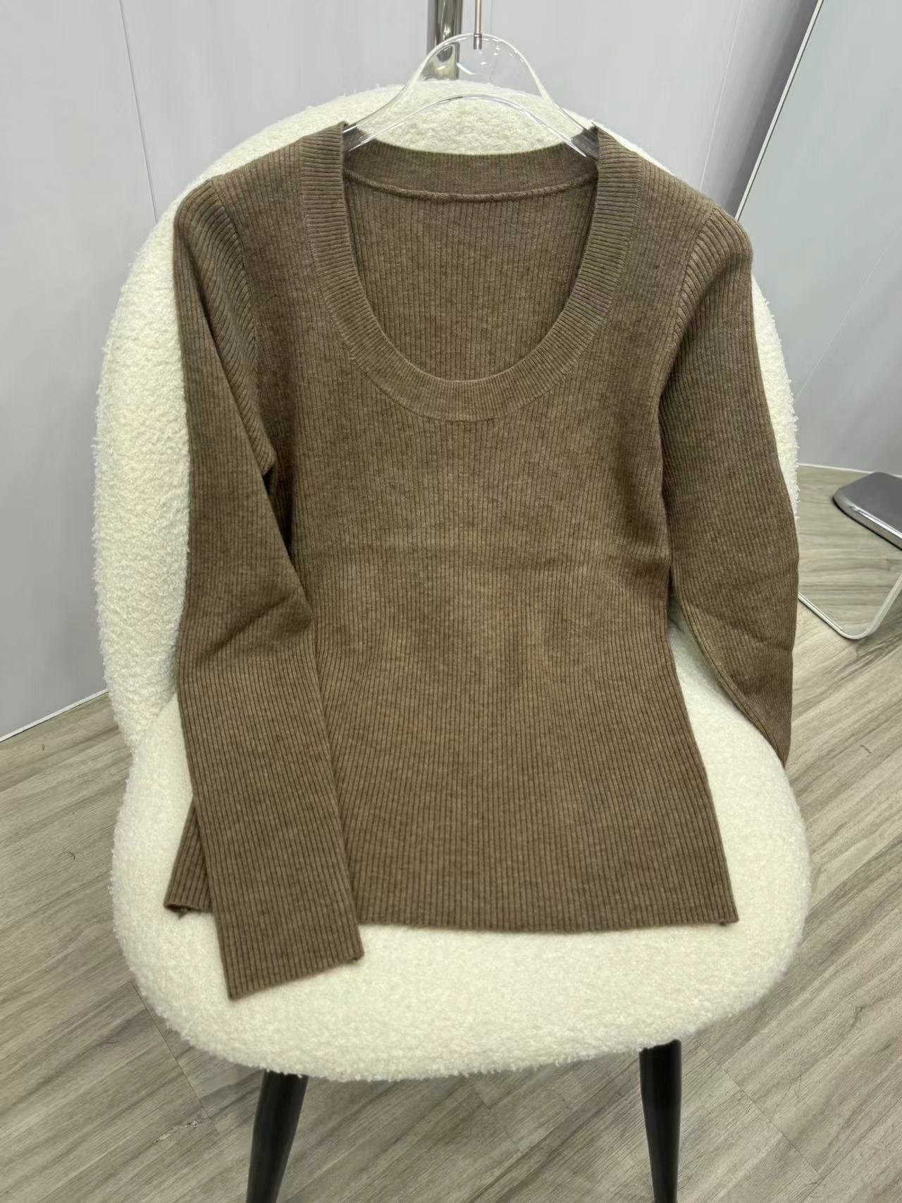 U领针织衫女韩国东大门露锁骨修身纯色安迪绒打底衫安迪绒长袖衫详情8