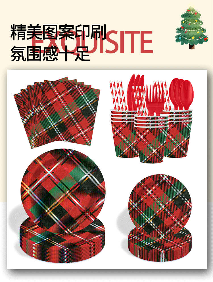 跨境圣诞节派对纸盘餐具套装一次性印花纸巾纸杯纸盘装饰用品批发详情1