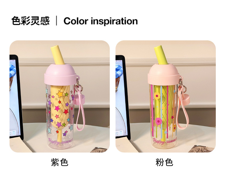New Yebo plastic straw cup, cute cartoon TRitan water cup, student high appearance level tea and water separation double drinking cup pic 11
