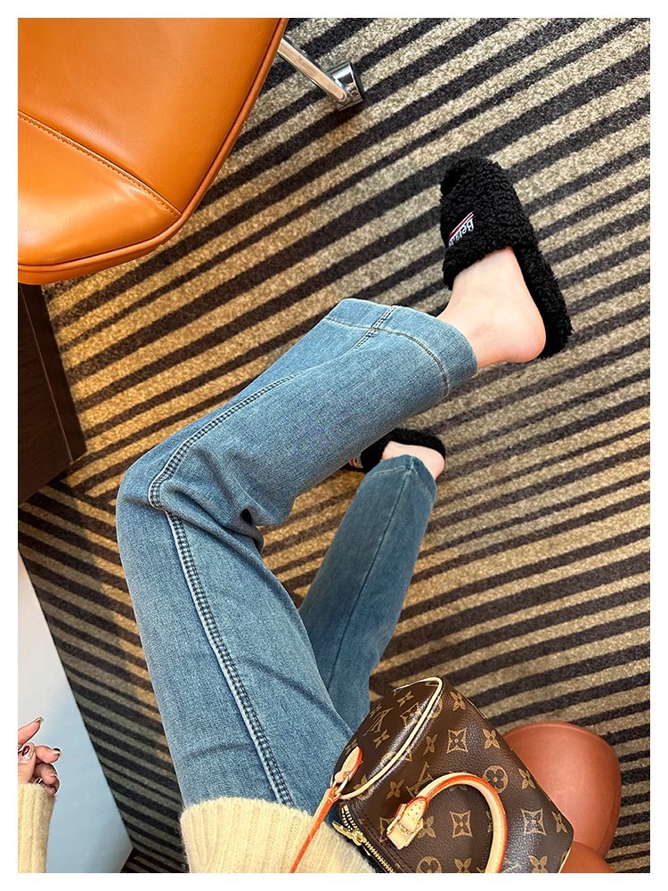 小个子弹力微喇叭牛仔裤女春秋款梨形身材大码高腰直筒显瘦九分裤详情18