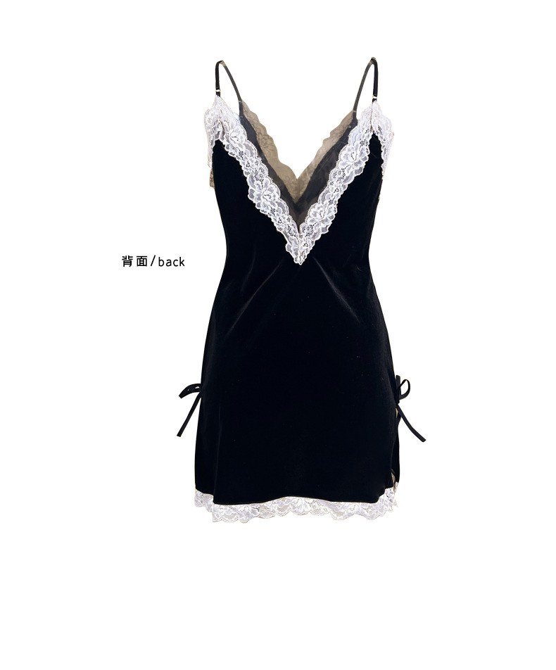 European and American cross-border velvet lace patchwork halter nightgown, deep V backless slit short skirt, sexy home pajamas 1187 pic 15