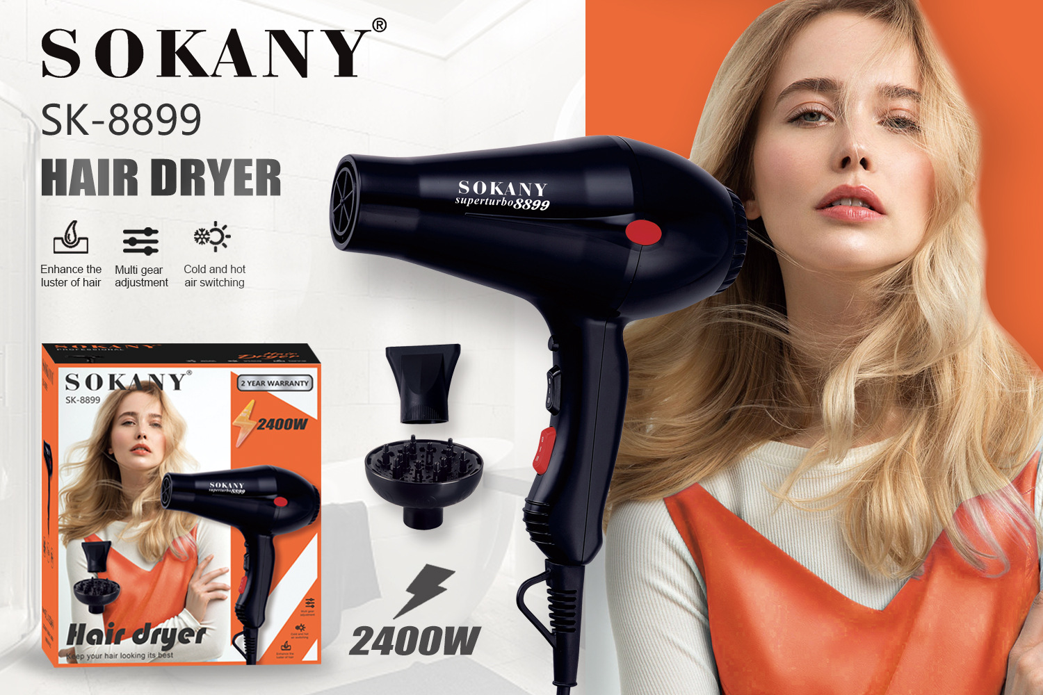 Cross-border export SOKANY8899 HAIR DRYER 2-speed cold and hot air adjustment household hair dryer pic 3