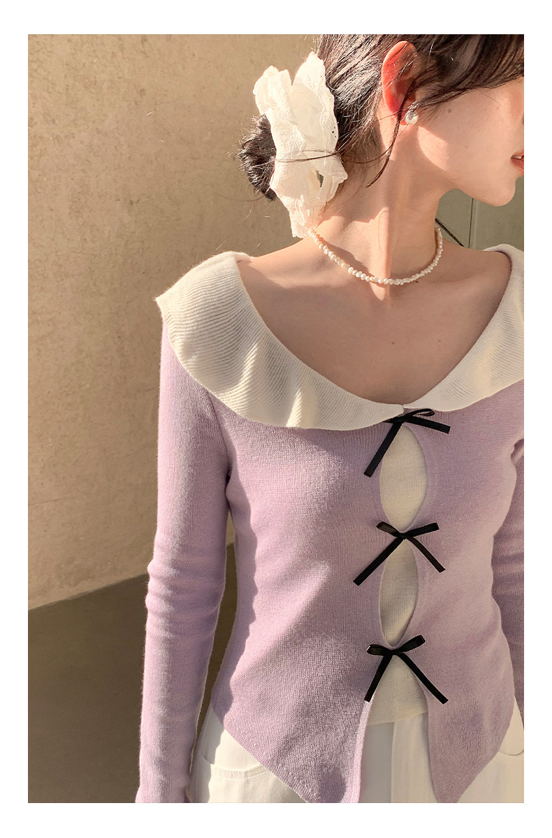 衣尔衫 设计感 假两件娃娃领蝴蝶结针织衫女短款温柔修身气质0337详情24