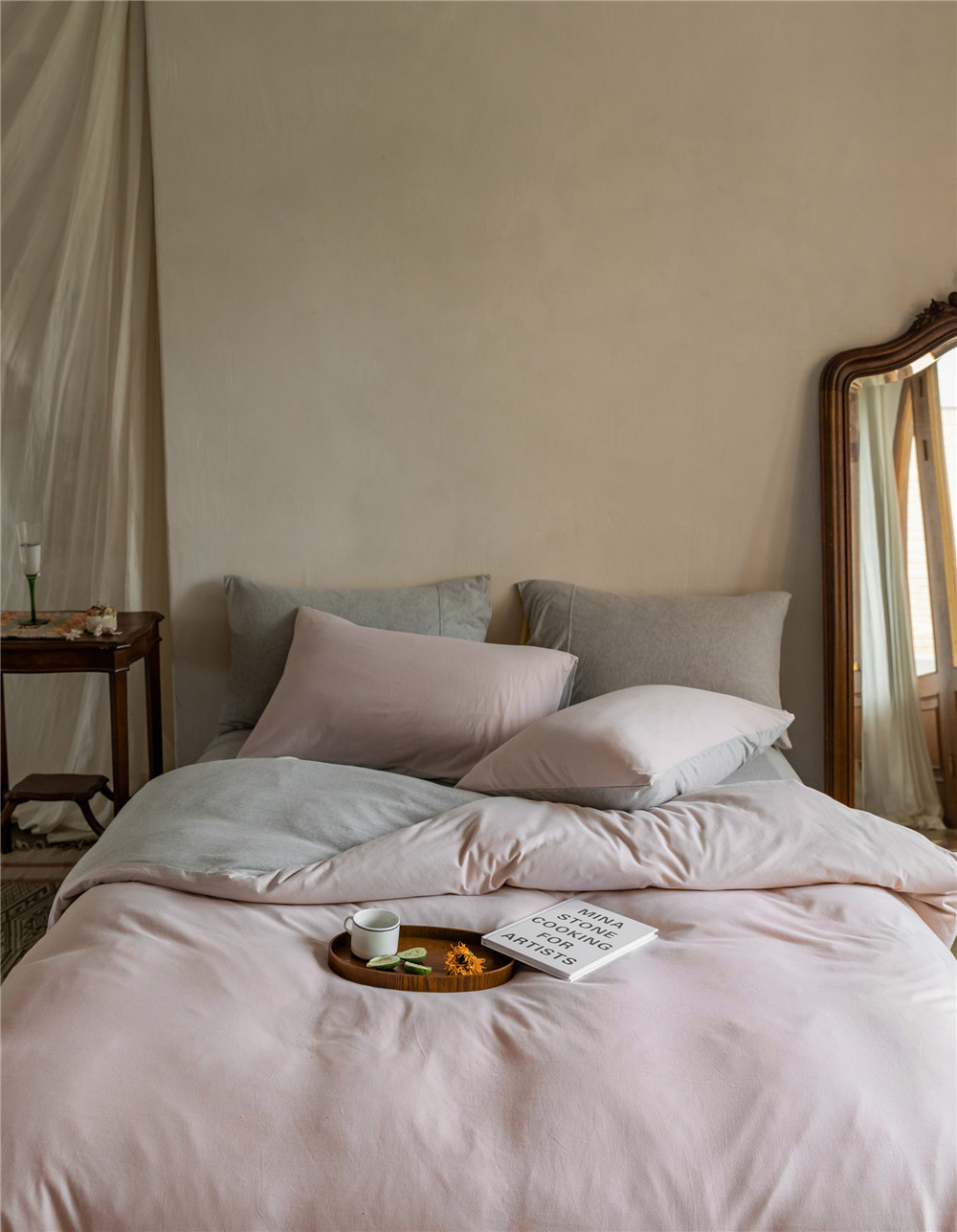 ins Japanese-style solid color all-cotton knitted cotton four-piece set, skin-friendly nude sleeping plain double-layer Indian cotton bed sheet pic 191