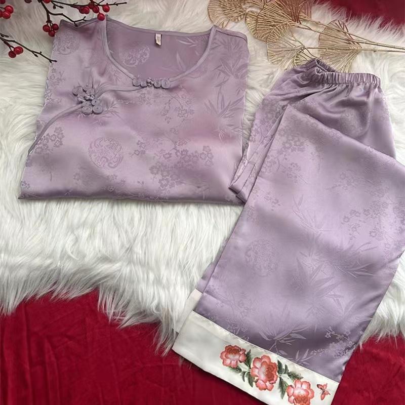 National Trend [Chest Cushion Style] Pajama story Chinese ice Silk Home Wear Long-sleeved Chinese style retro Mom Dress pic 8