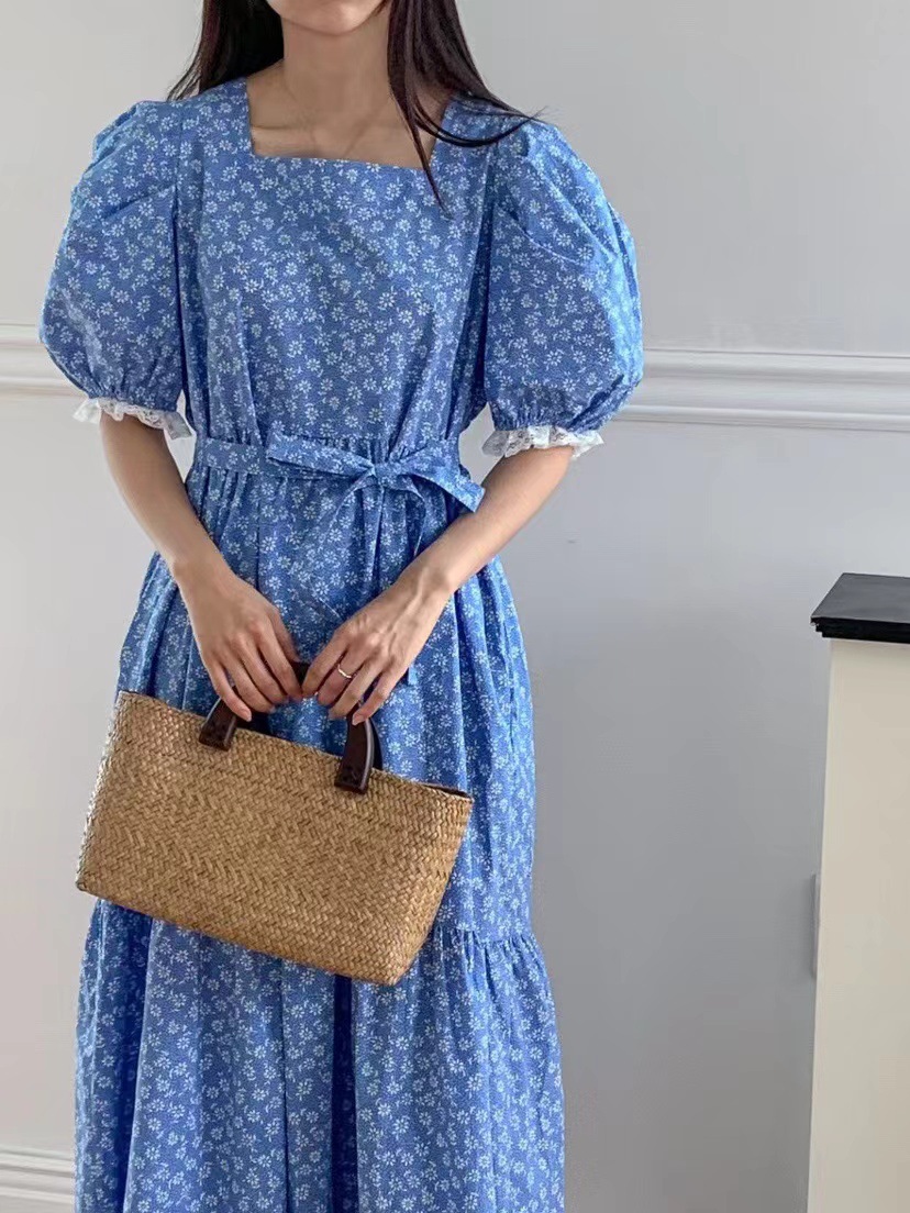 韩国东大门2023夏季新款时尚碎花蕾丝拼接圆领长款休闲连衣裙女详情1