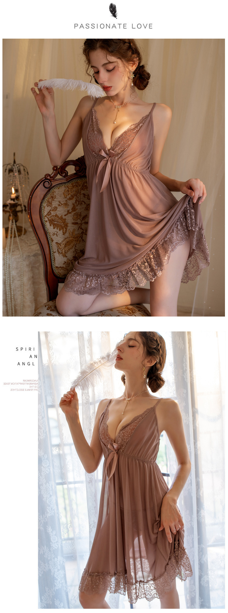 YANNI lingerie, solid color halter dress, sexy nightgown, lace embroidered home pajamas, nightclub temptation pic 5