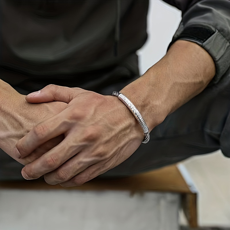 六字真言合金手镯男个性心经开口镯子复古扭线手环男士手链泰银色详情2