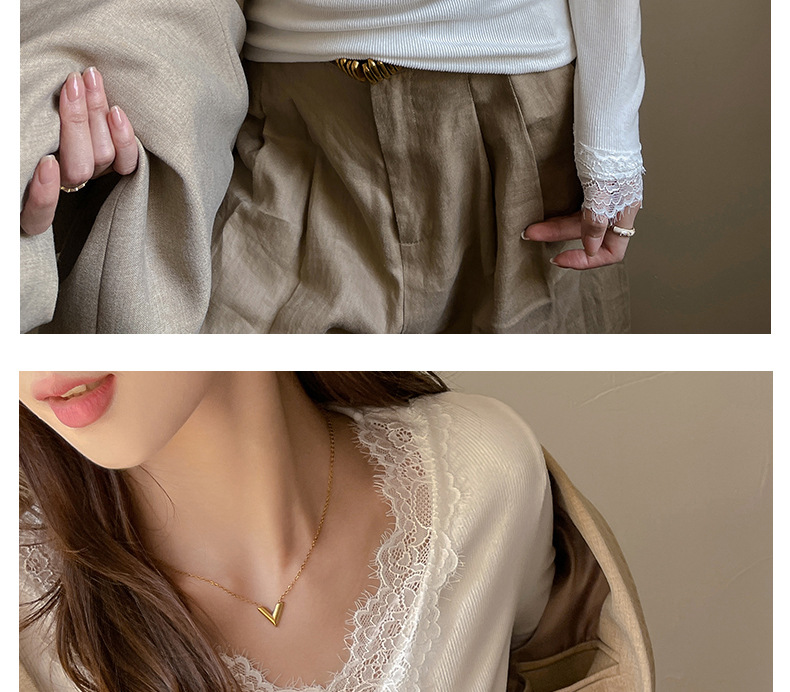 A lace-trimmed V-neck long-sleeved base layer for women, paired with a German fleece, brushed, and slimming design off-the-shoulder T-shirt for autumn and winter pic 15