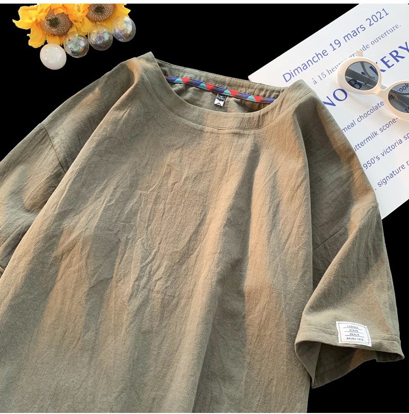 Linen short-sleeved T-shirt for men, a new summer trend. Cotton and linen half-sleeved loose solid color base layer, a trendy T-shirt top pic 11