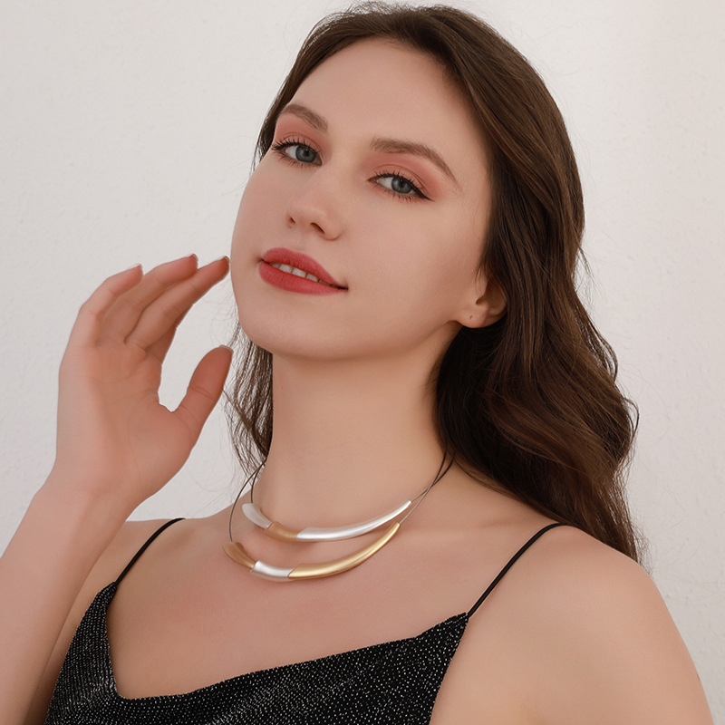 跨境亚马逊欧美饰品时尚简约短项链双层U形吊坠金属项圈女短项链详情6