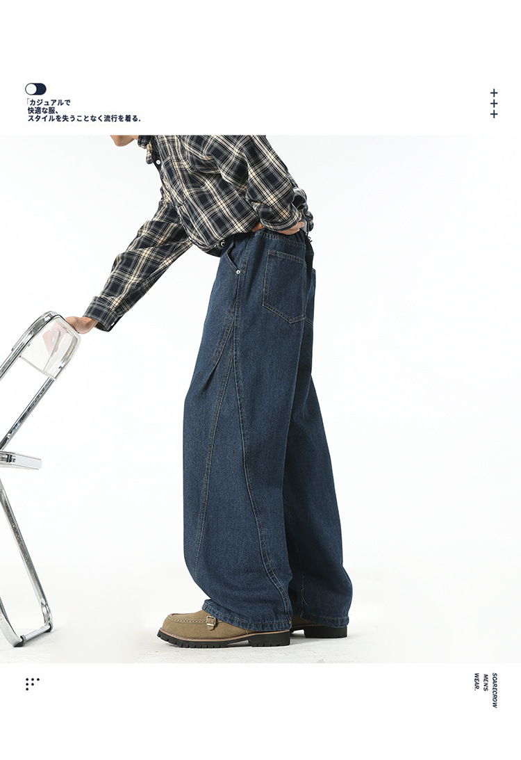 Custom-made 2026 Spring new denim blue jeans for men, American streetwear brand, retro scimitar pants, straight-leg trousers pic 1