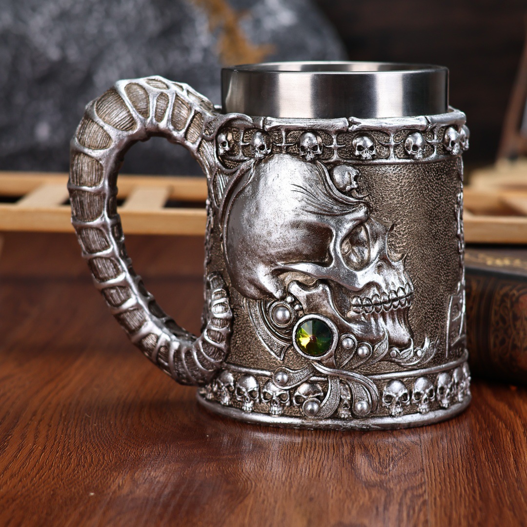2025 Halloween Horn-shaped Skull Beer mug, Stainless Steel Large Capacity Mug, Personalized Gift cup pic 1