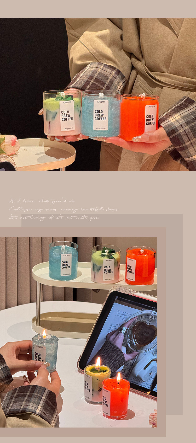 Three different colors of scented candles: red gradient blue AROMA COLD BREW COFFEE MANOMICE Coconut Scented car silicone candle mold pic 8