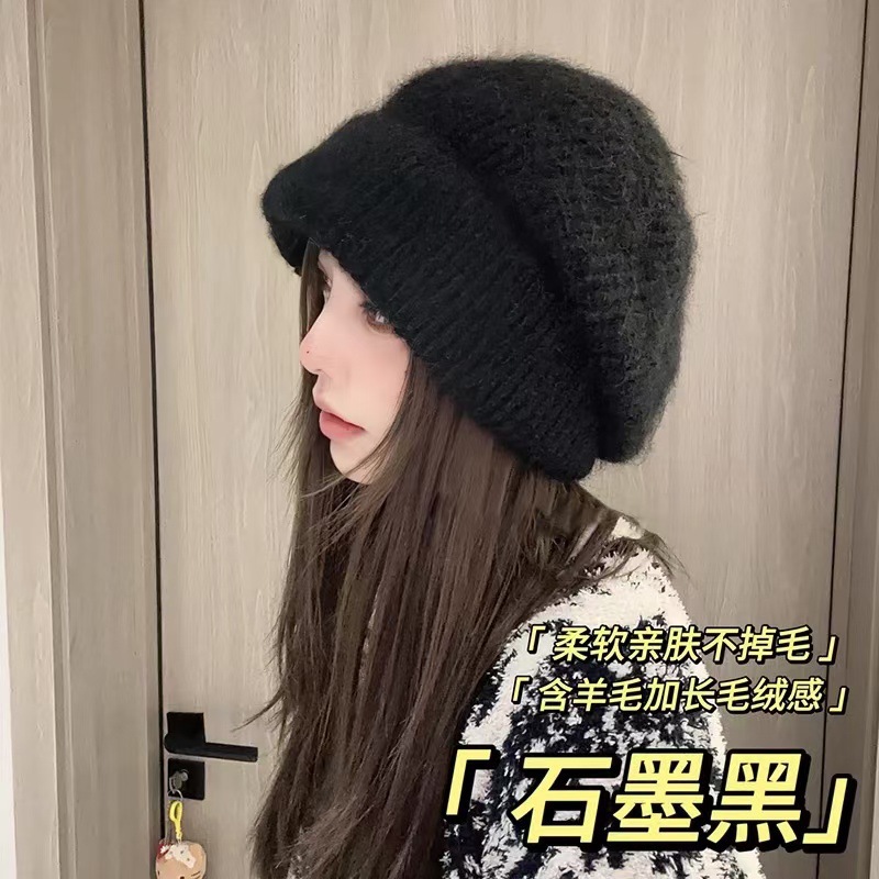 羊毛混纺混色加长毛绒感大版加厚堆堆帽女冷帽包头帽显脸小毛线帽详情1