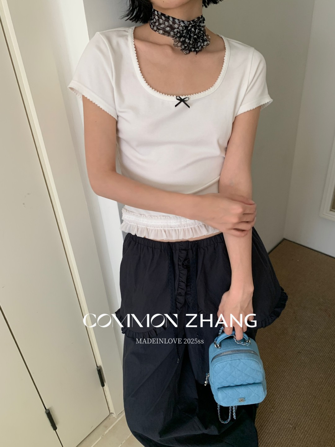 CZ ZHANG夏季韩版少女感减龄蝴蝶结拼接U领纯色天丝短袖T恤B20757详情19