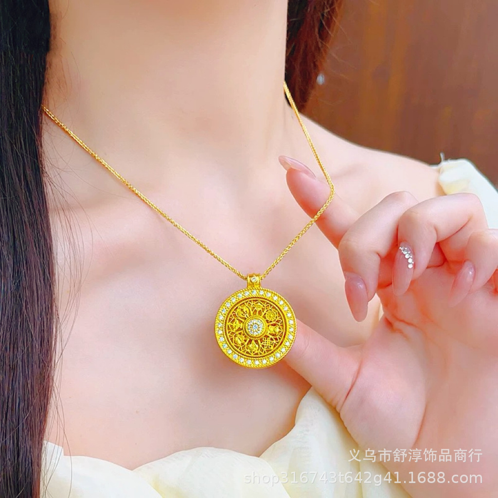 Long-lasting and colorless Vietnamese sand gold diamond-encrusted auspicious eight treasures compass and ruyi rope necklace, rotatable pendant sweater chain for women pic 11