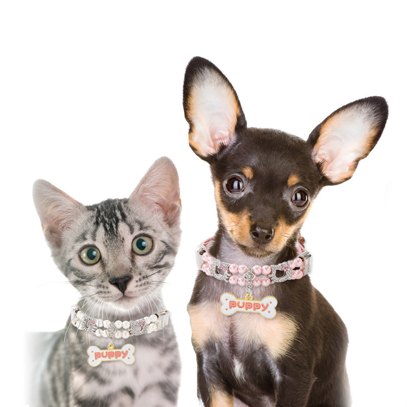 New pet beaded large bone pendant collar, small cat and dog simulation pearl water diamond cat head beaded cat chain necklaces pic 3