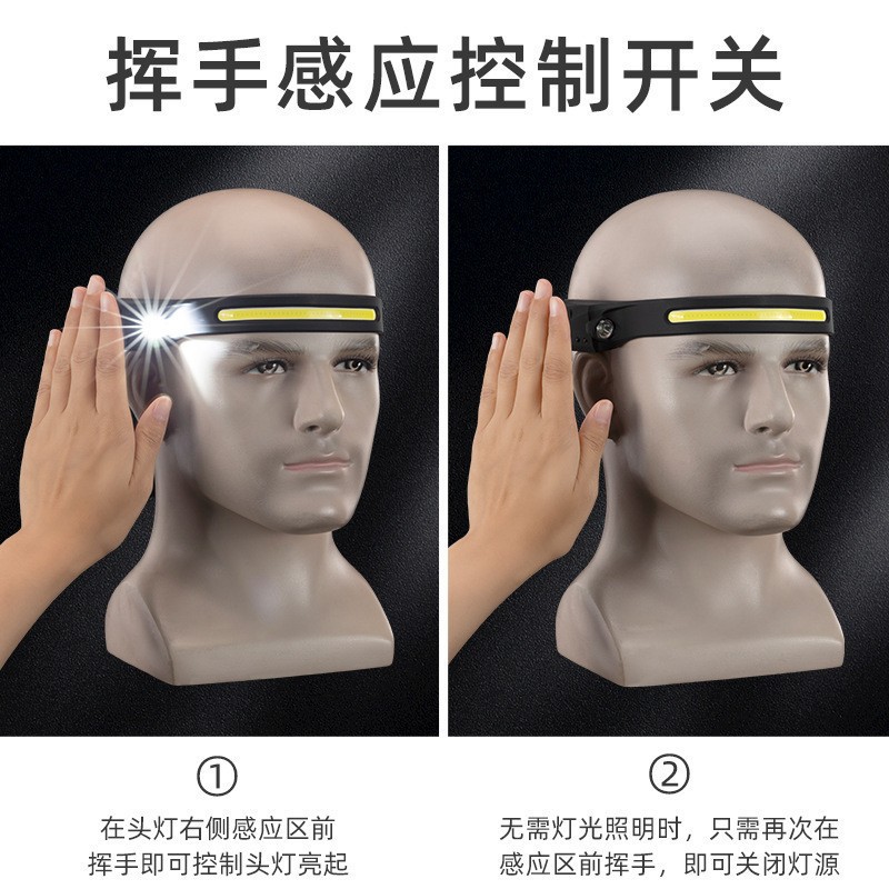 New cross-border hand-waving sensor COB headlight, outdoor cycling light, USB charging night running light, LED strong headlight pic 1