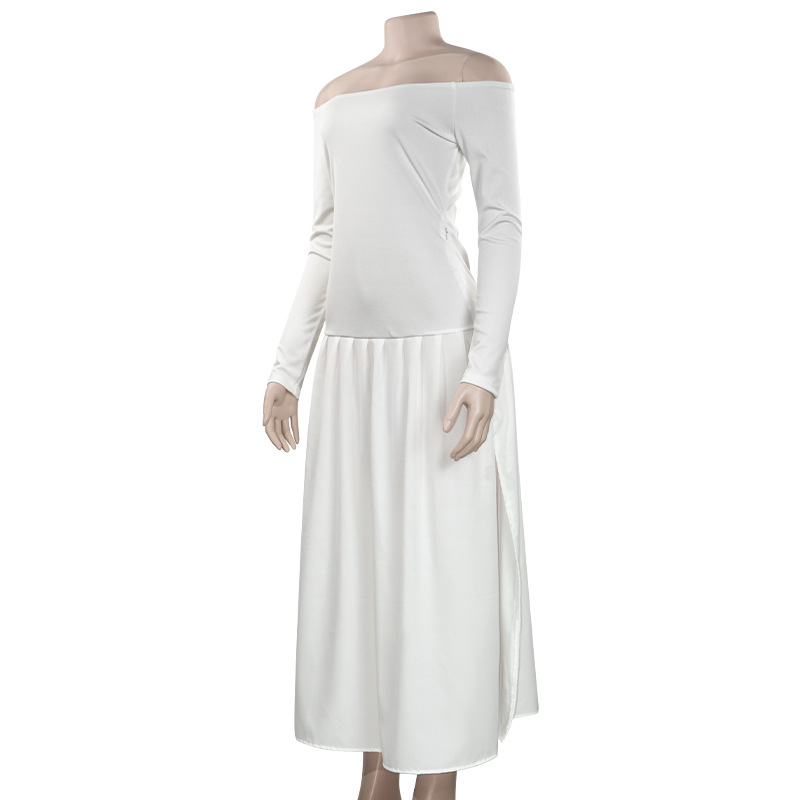 D016DS European and American cross-border 2024 Autumn new solid color one-shoulder long-sleeved slim French patchwork long dress pic 13