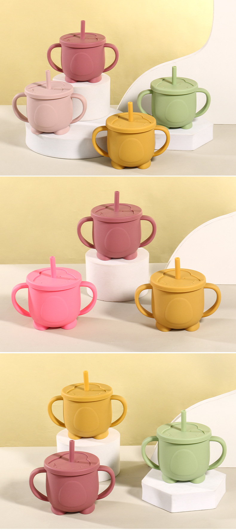 工厂宝宝硅胶双耳吸管杯耐摔耐高温婴儿喂养水杯企鹅款婴幼儿学饮杯餐具详情14