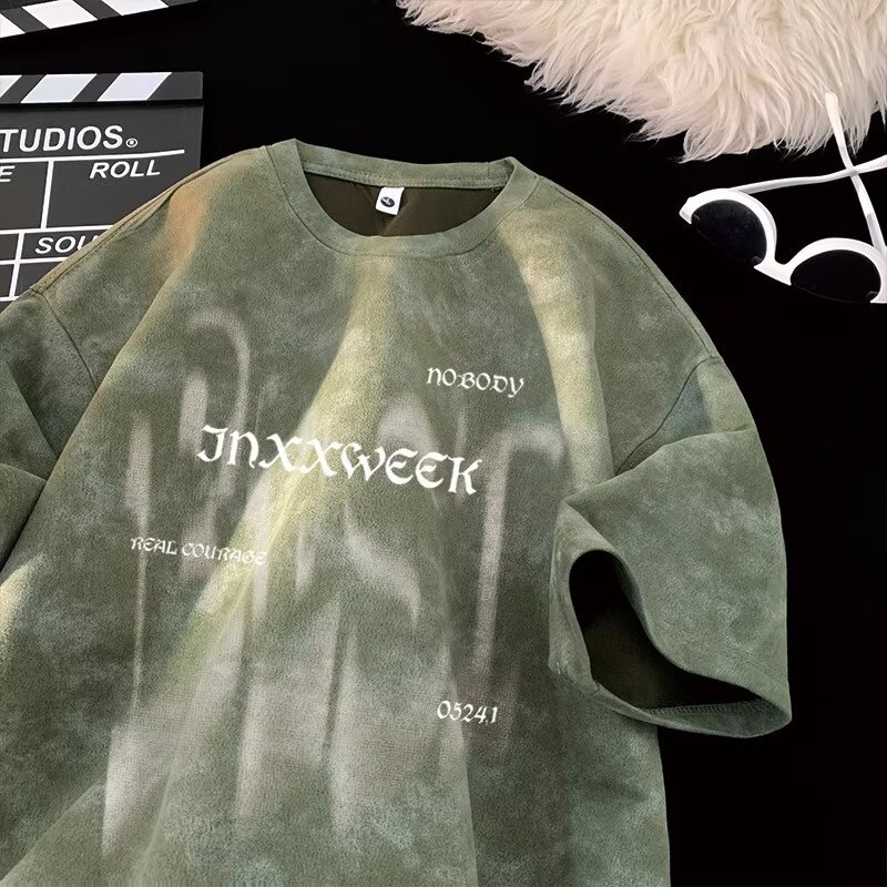 Summer trendy brand American heavy-duty pure cotton short-sleeved T-shirt for men, loose large-sized half-sleeved washed distressed T-shirt base layer pic 16