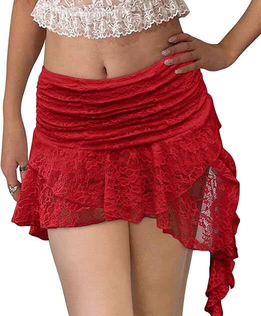 2026 Y2K Lace mini skirt, low-waisted pleated ruffled short skirt, layered flowing asymmetrical half skirt pic 11