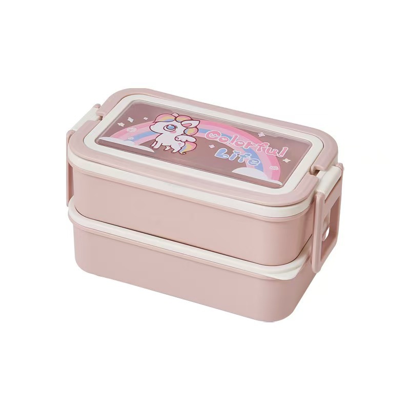 2025 New creative double-layer lunch box with spoon and fork, cartoon rectangular portable hand-held lunch box, large capacity lunch pic 5