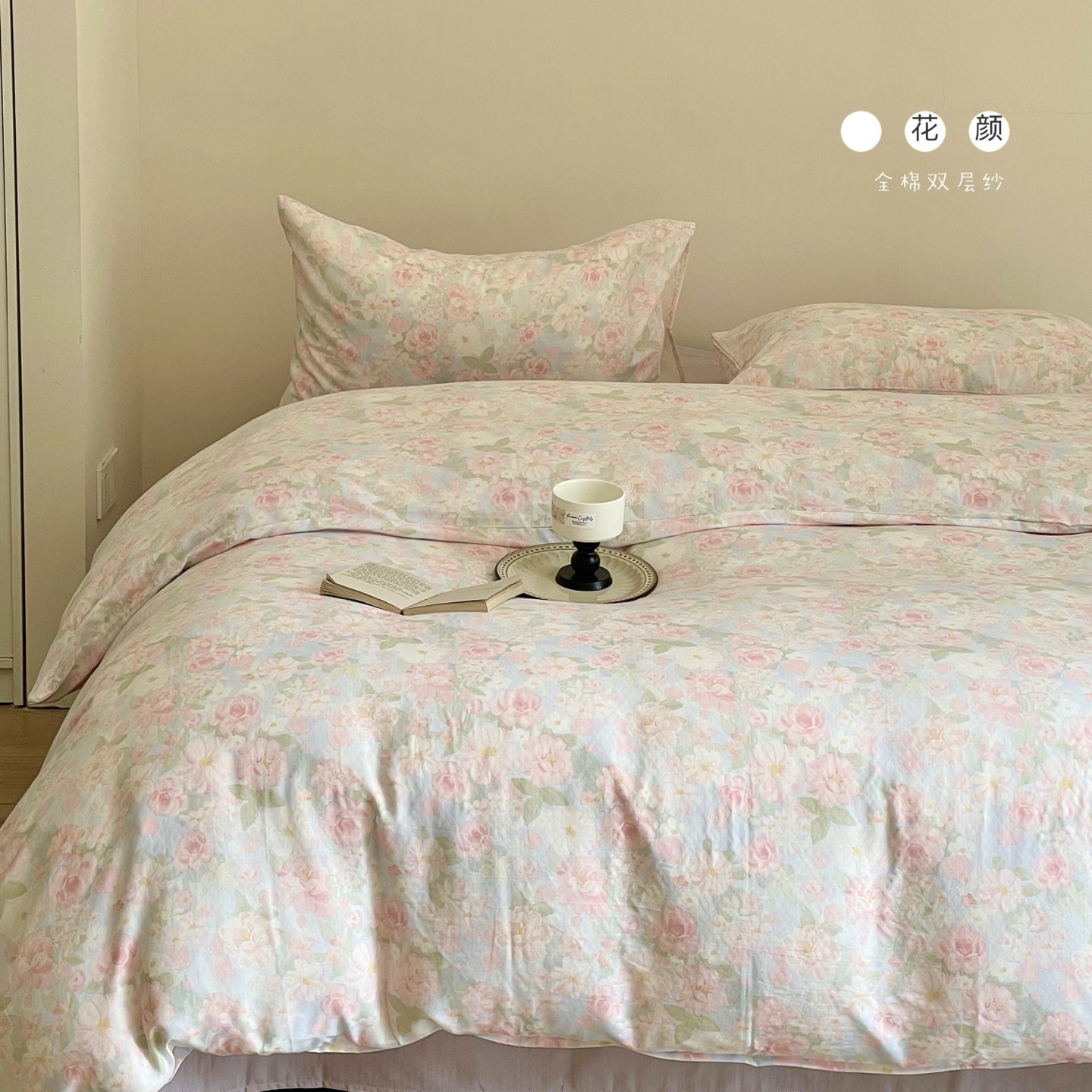 A set of three or four pieces with fresh small floral print double-layer yarn, pure cotton soft naked sleeping quilt cover and cartoon bedding pic 92