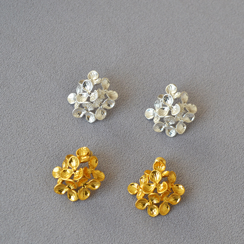 日系小众设计复古文艺立体层叠花朵黄铜镀金925银耳针耳钉耳饰女详情3