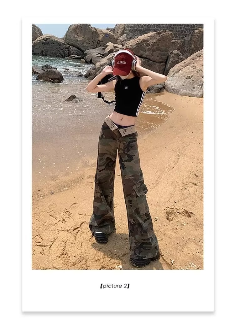 美式复古迷彩工装裤女2024夏季新款低腰高个子宽松垂感阔腿牛仔裤详情8