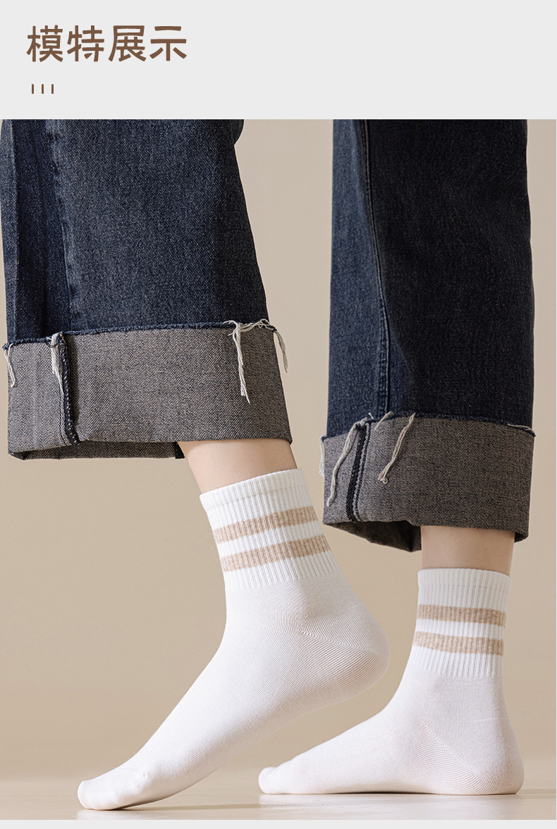 袜子纯棉女白色中筒袜7A抗菌抗起球防臭吸汗复古春秋条纹运动袜子详情10