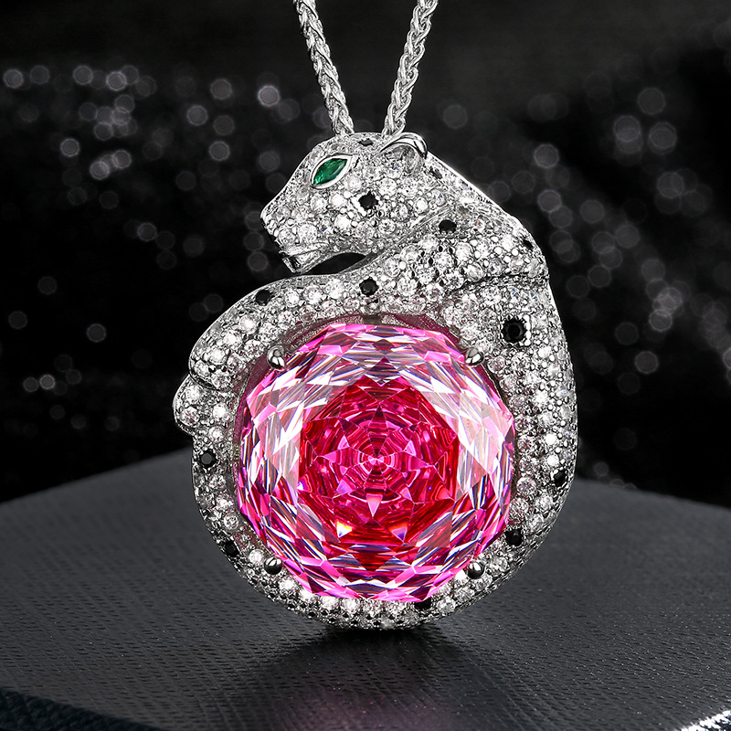 新款热卖庄生生珠宝仿真玫瑰切海蓝色复古豹子吊坠项链主石18mm详情3