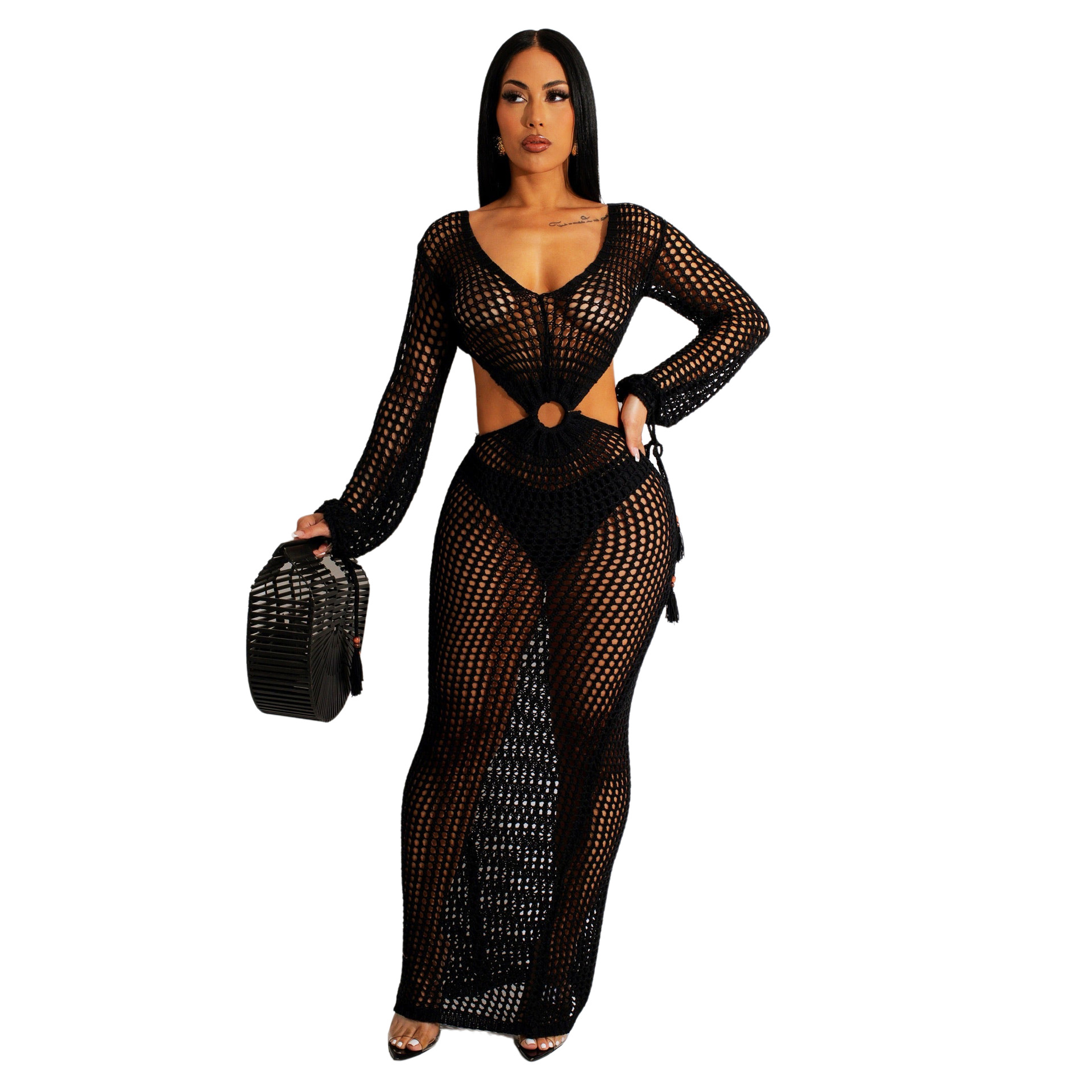 亚马逊速卖通欧美女装性感镂空针织连衣裙夏季深V沙滩罩衫长裙详情27