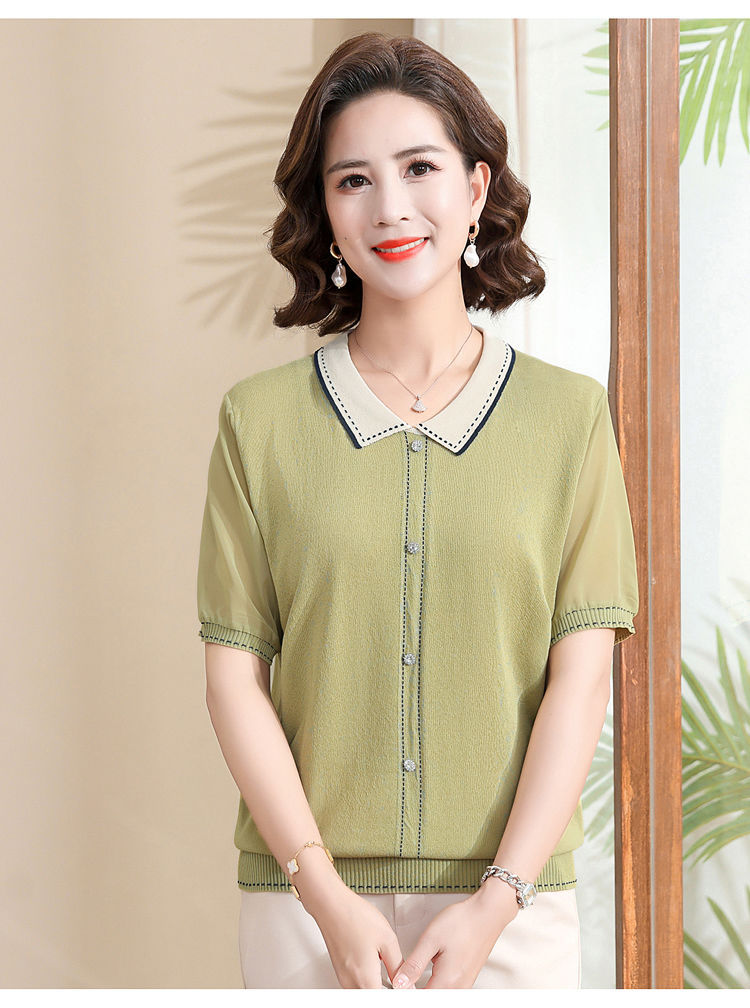 妈妈夏装短袖针织翻领T恤中老年女装冰丝上衣遮肚子薄款小衫套装详情6