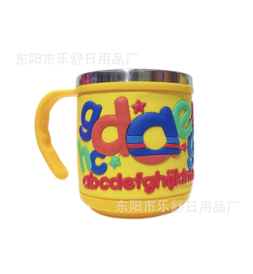 不锈钢儿童水杯卡通创意杯子带盖带手柄双层隔热pvc软胶不锈钢杯详情4