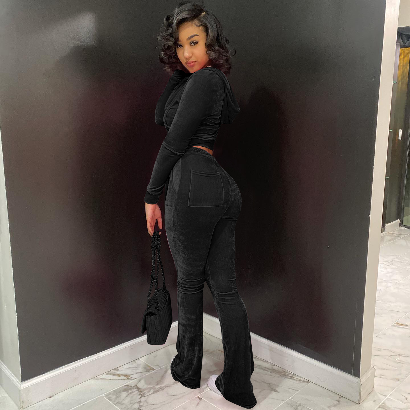 Solid color gold velvet wide-leg pants two-piece set pic 55