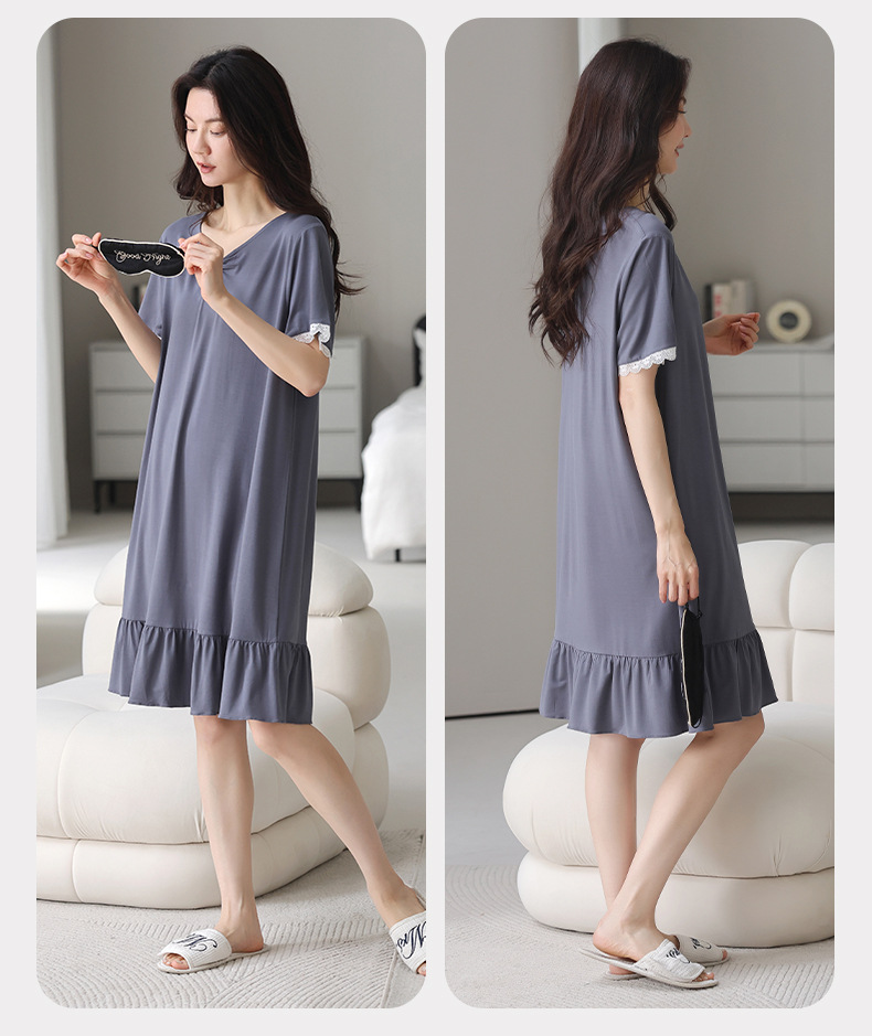A light short-sleeved casual summer dress with a chest cushion for women. It can be worn as a mid-length skirt. It is made of modal cotton for summer home wear pic 25