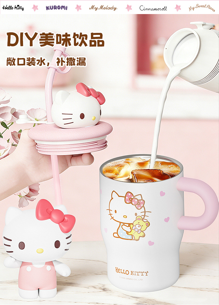 The new cartoon kt water cup has a high appearance level. It is a stainless steel cup with a handle and straw, a portable insulated cup for female students pic 7