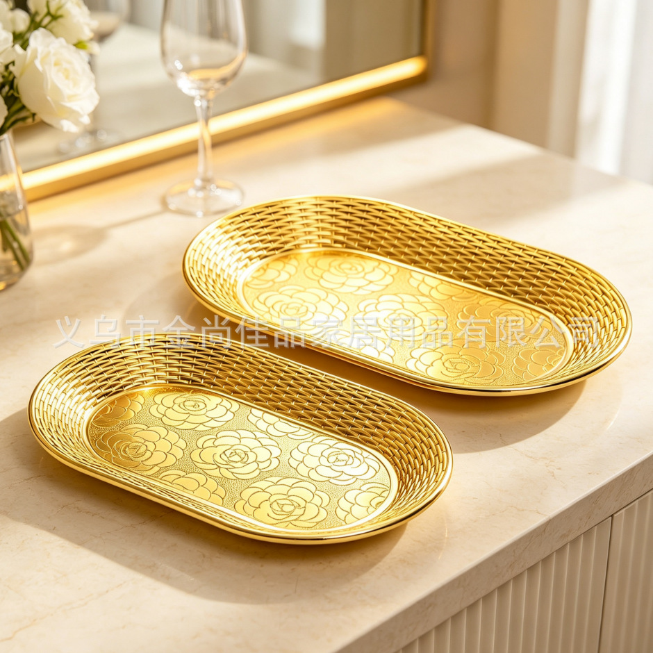 Light luxury golden plating disk, rose woven pattern fruit plate, household living room tea and snack plate wholesale pic 6