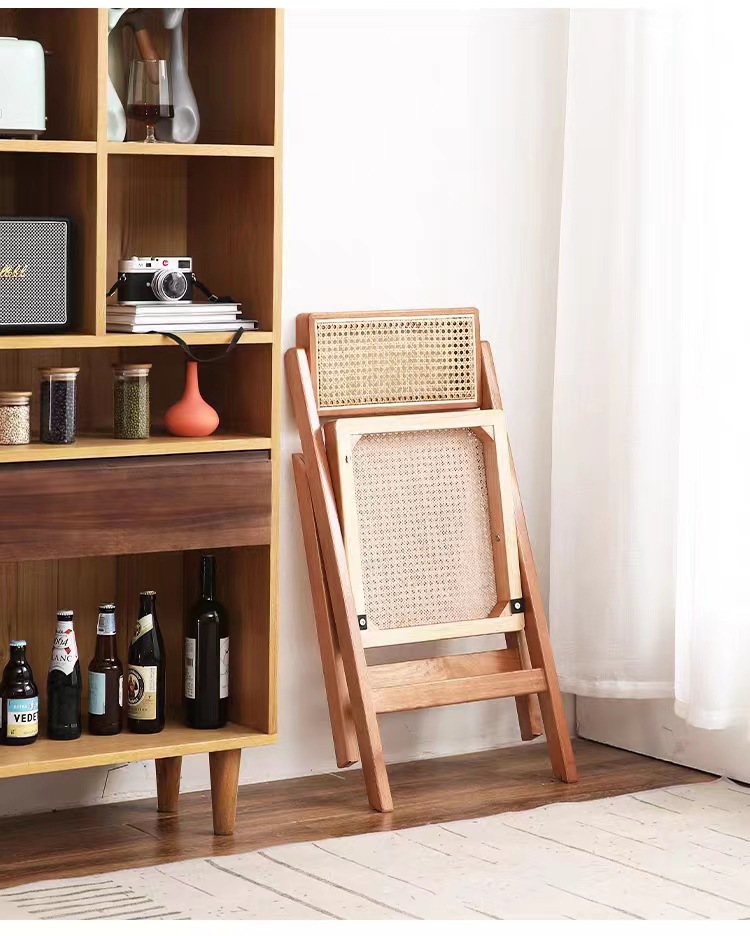 中古侘寂风藤编椅子家用折叠椅实木凳子靠背餐椅北欧风休闲办公椅详情16