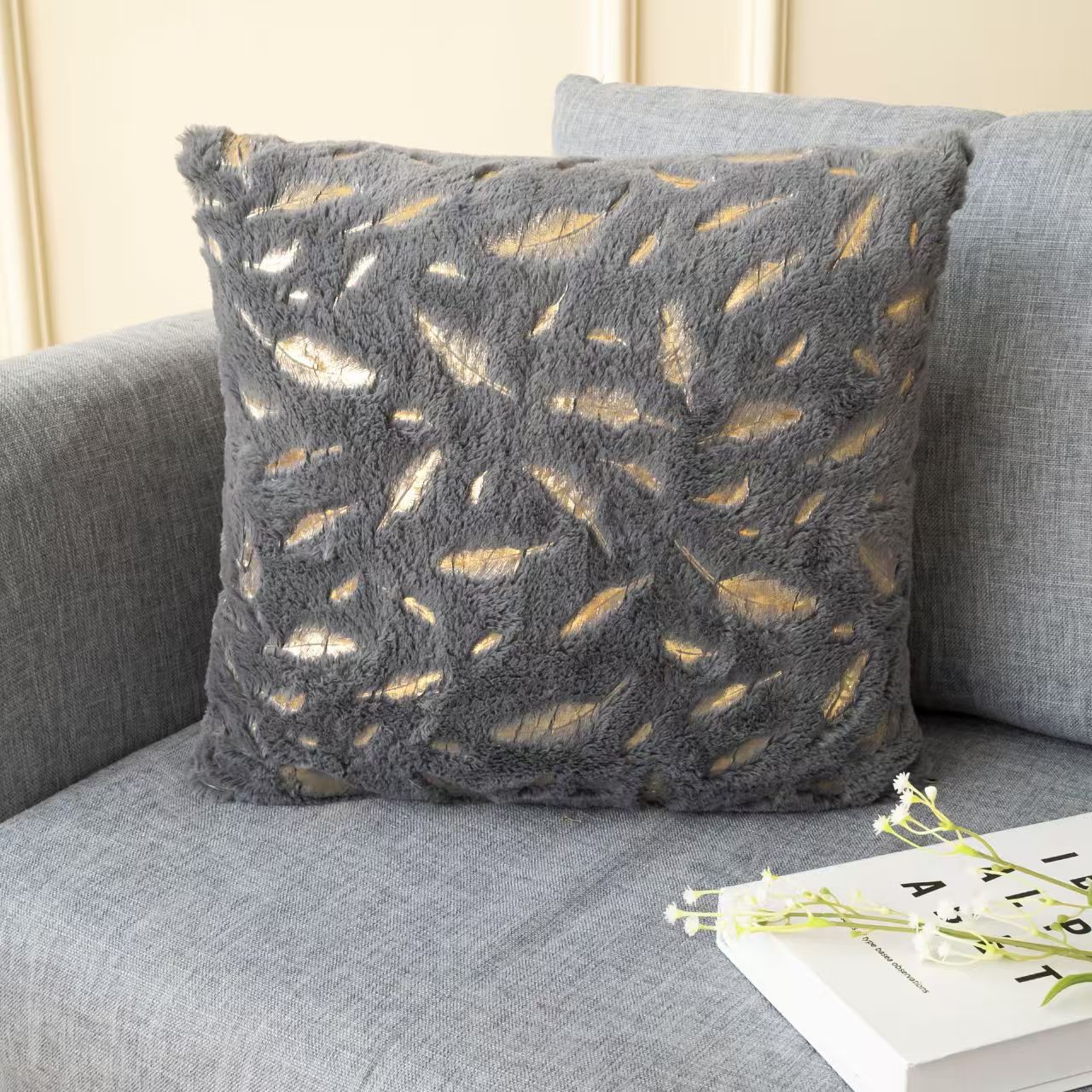 Coffee-colored gilded feather pillowcase, a light luxury living room sofa cushion decoration pillow, a modern and simple home pillow cover pic 5