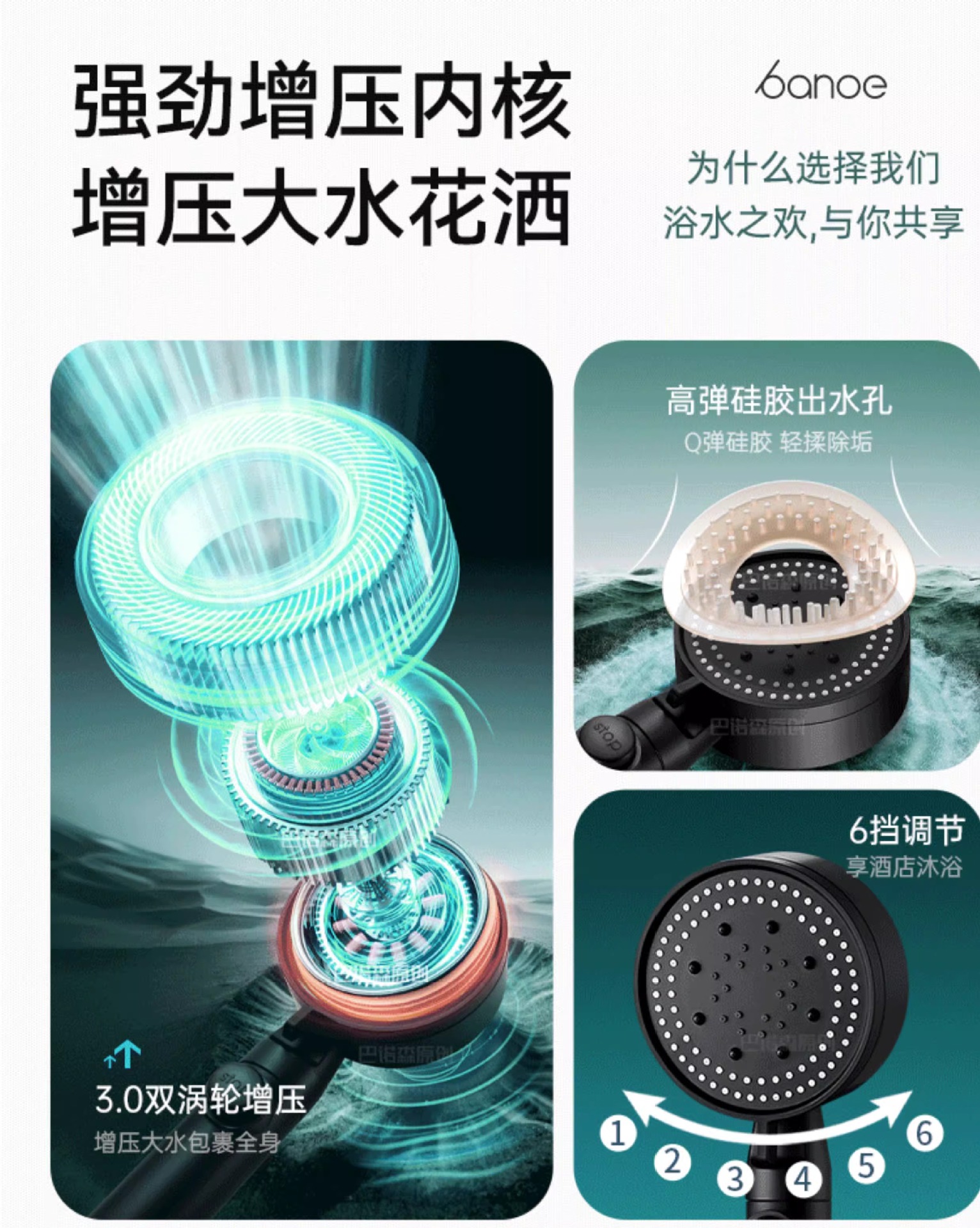 德国增压淋浴花洒喷头家用浴室热水器洗澡加压沐浴莲蓬头浴霸套装详情3