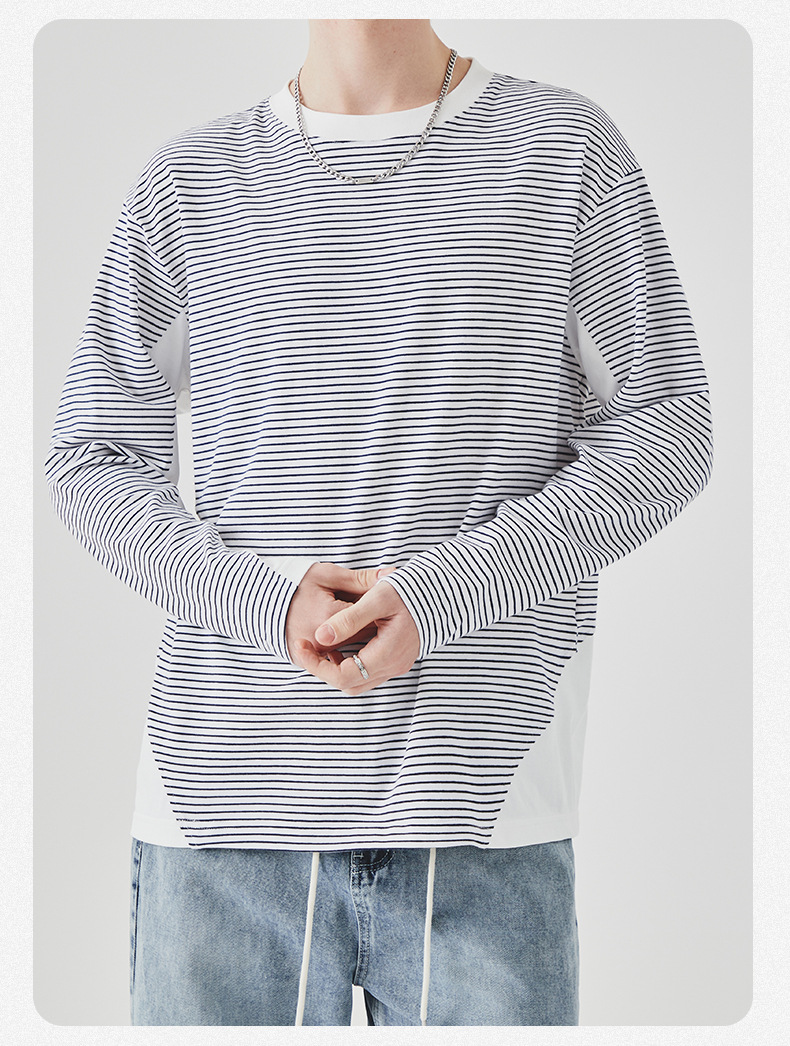 APO男装|撞色条纹长袖T恤男士春秋季潮牌宽松圆领内搭上衣打底衫详情16